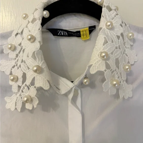 Zara White Shirt with Floral and Pearl Collar - Picture 2 of 4